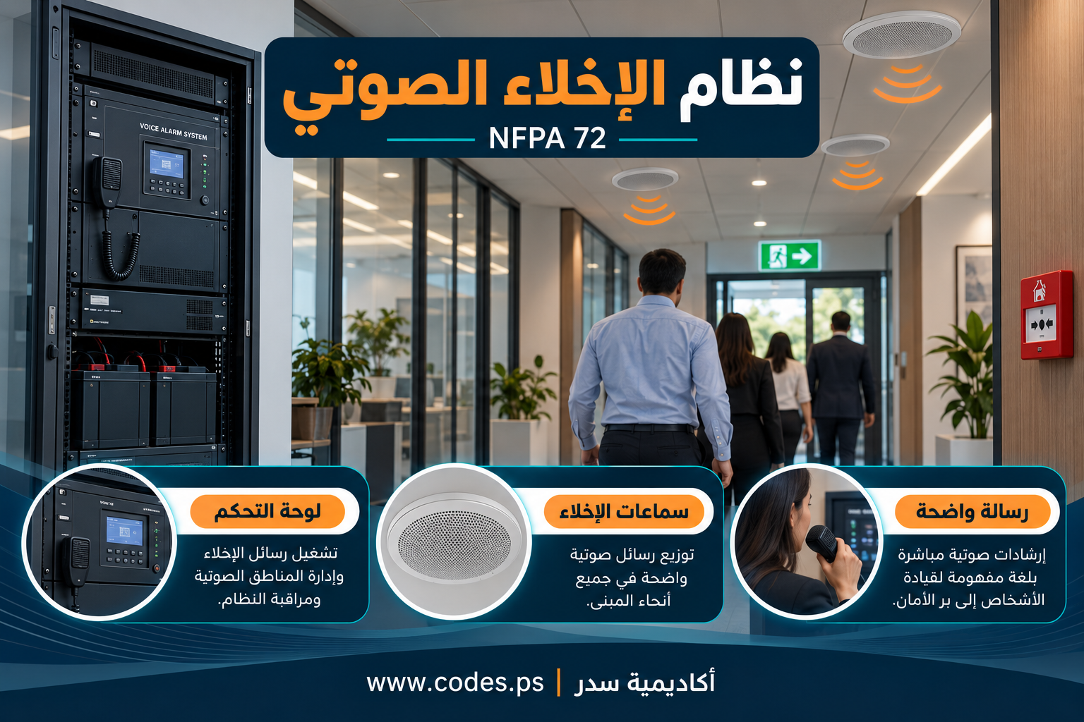 نظام الإخلاء الصوتي وفق NFPA 72: التصميم والرسائل ووضوح الكلام